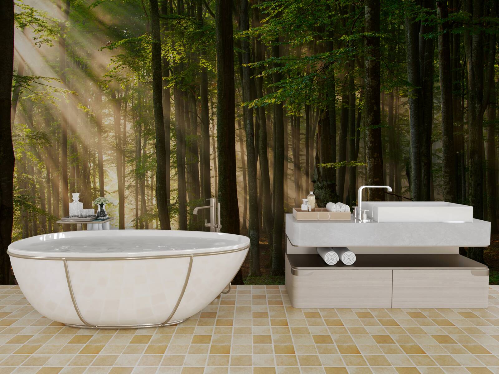 Фотошпалери Сонячне світло виганяє прохолоду з лісу після нічної прогулянки