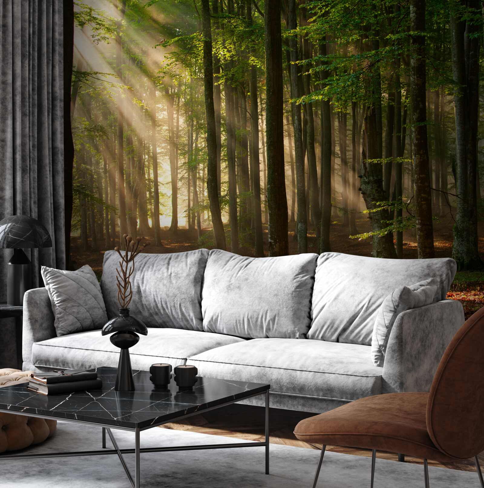 Фотошпалери Сонячне світло виганяє прохолоду з лісу після нічної прогулянки