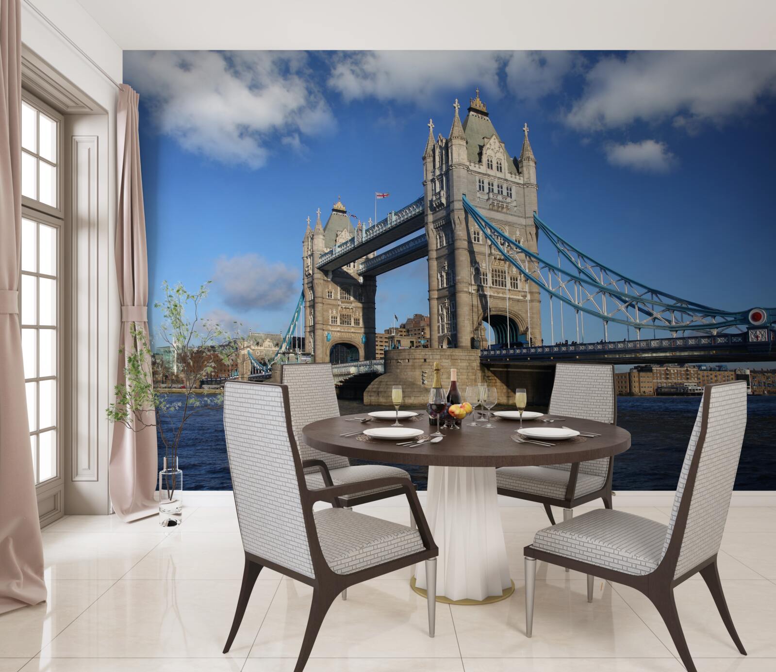 Фотошпалери баштовий міст, що простягнувся над спокійною поверхнею річки