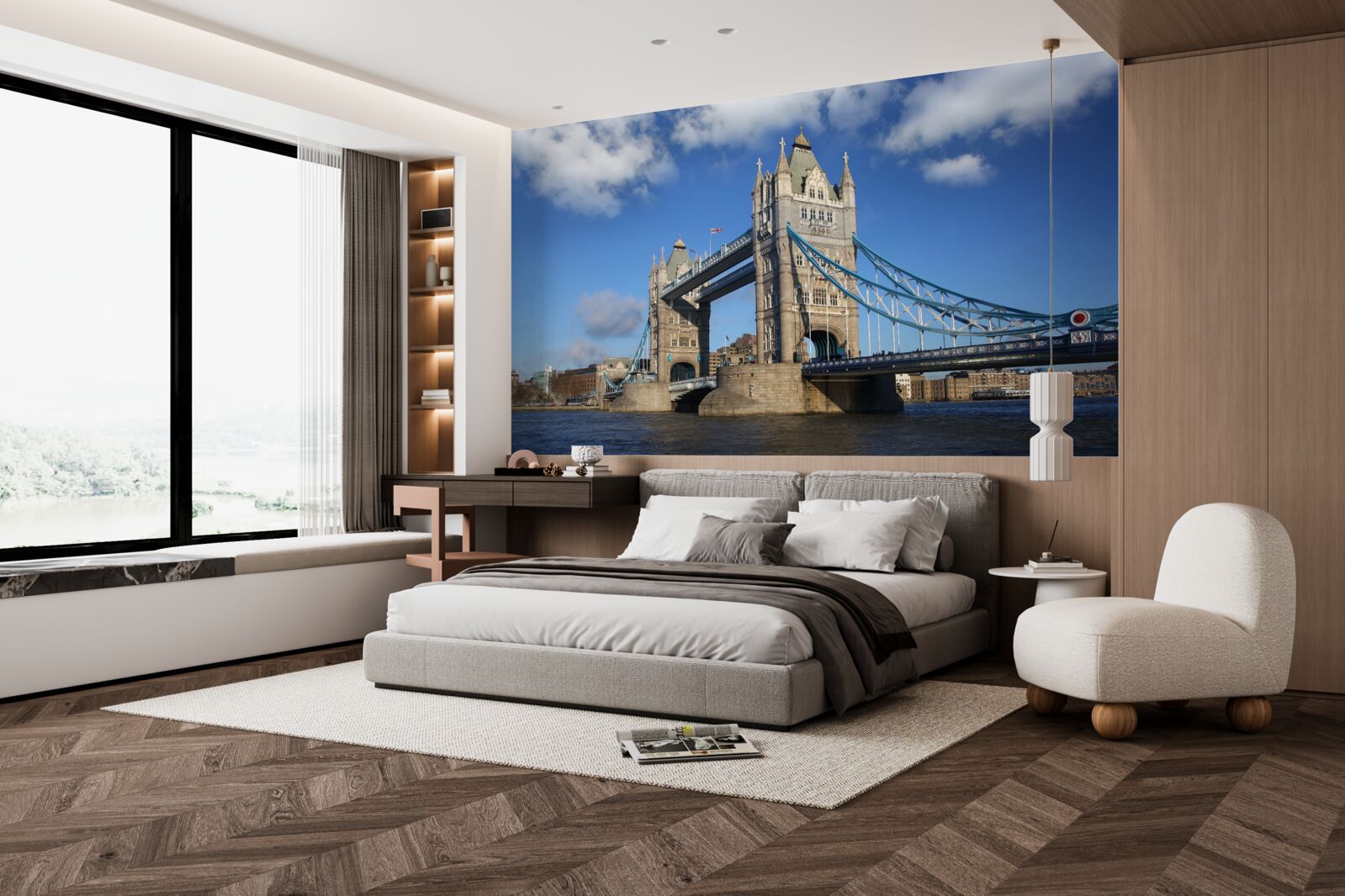 Фотошпалери баштовий міст, що простягнувся над спокійною поверхнею річки