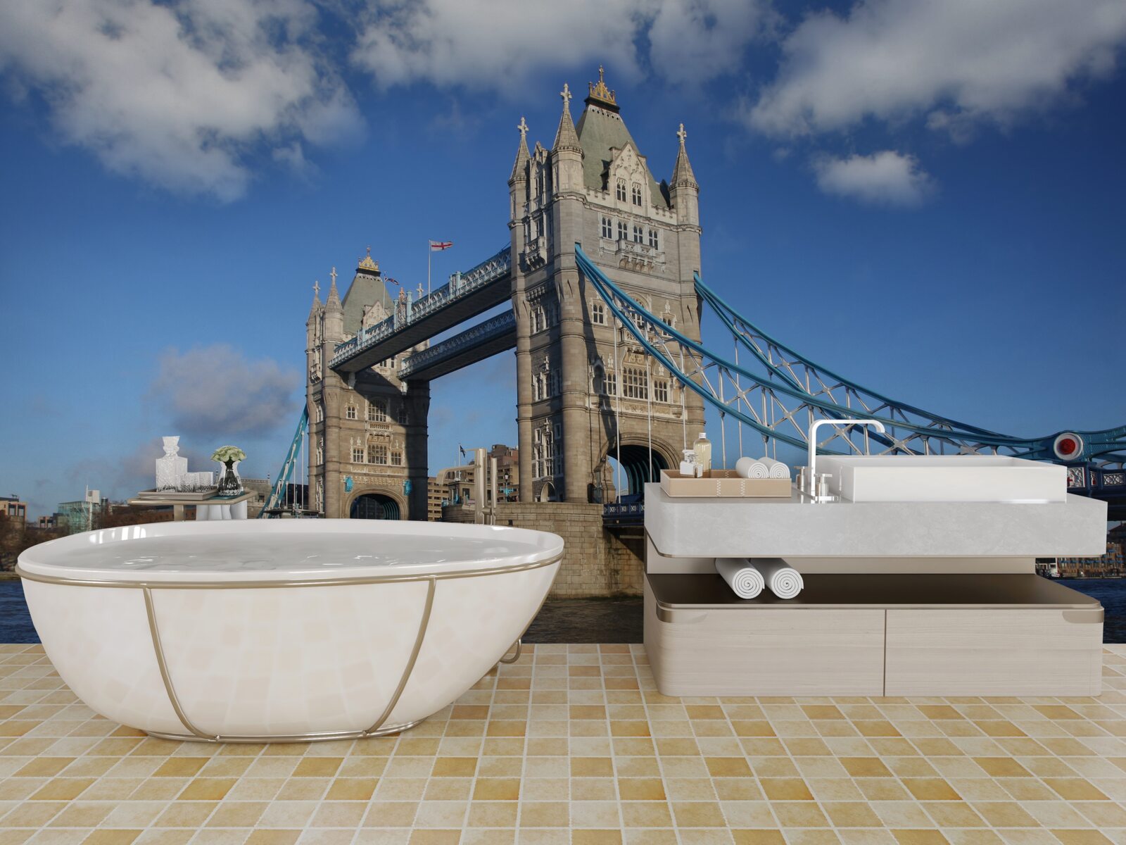 Фотошпалери баштовий міст, що простягнувся над спокійною поверхнею річки