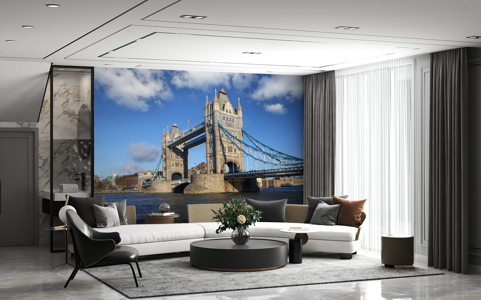 Фотошпалери баштовий міст, що простягнувся над спокійною поверхнею річки