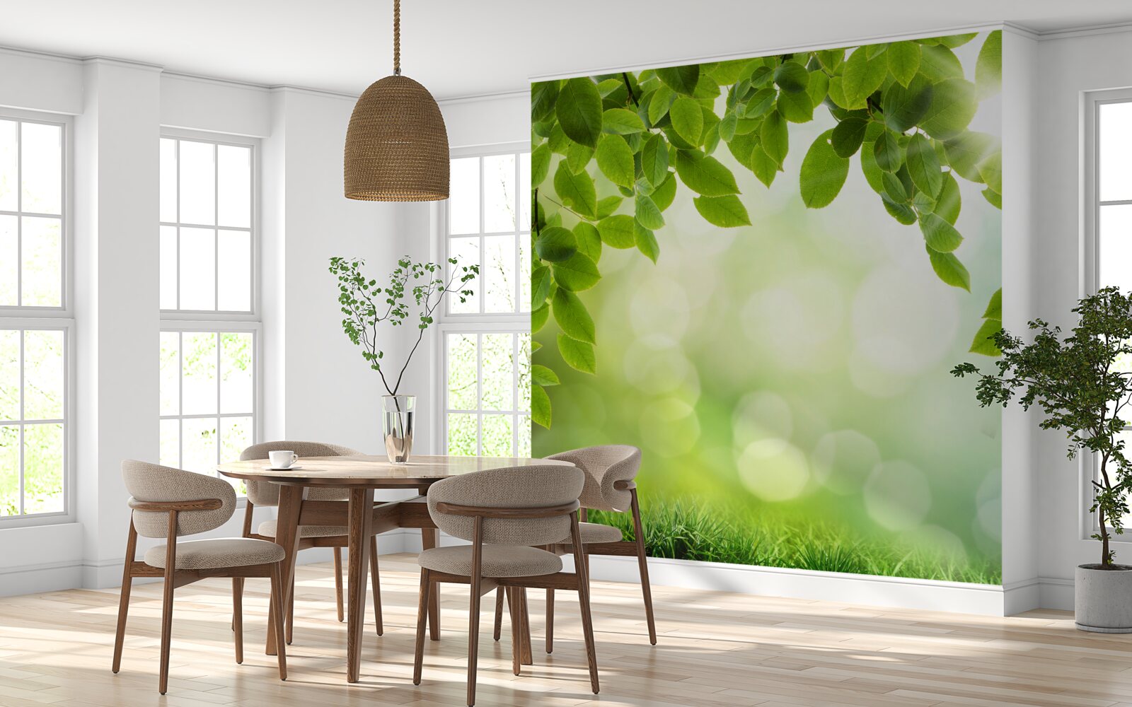 Фотошпалери сонце в його яскравості та листя, прикрашене зеленими краплями