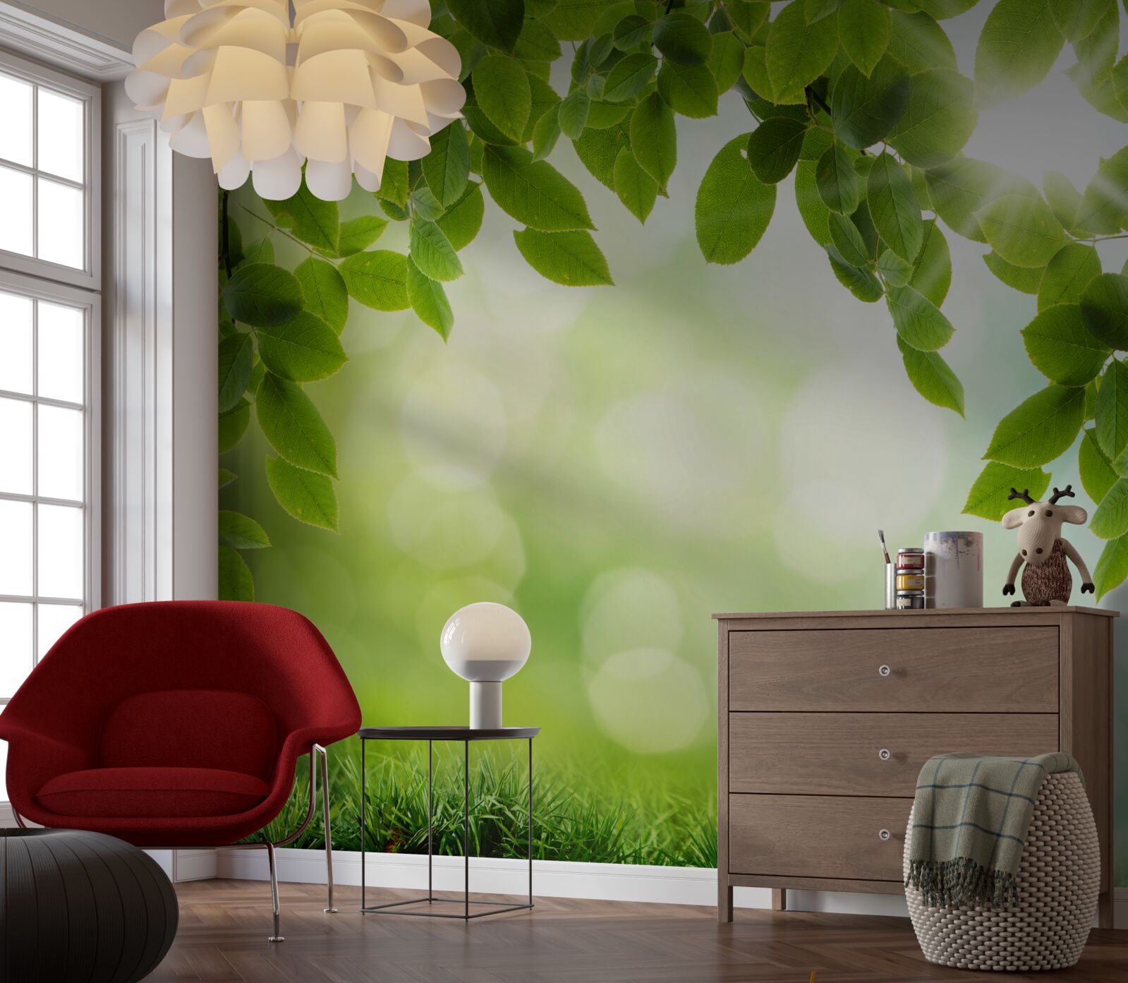 Фотошпалери сонце в його яскравості та листя, прикрашене зеленими краплями