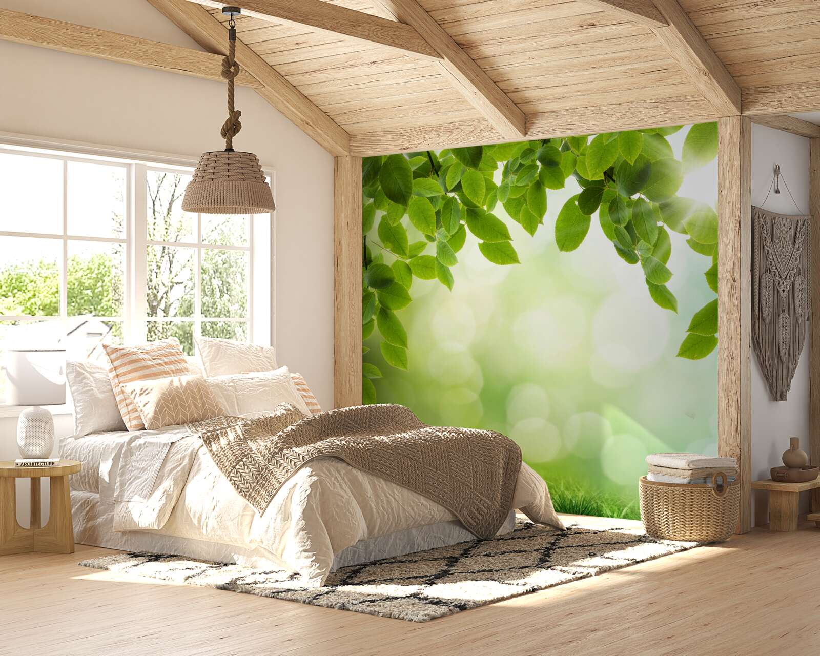 Фотошпалери сонце в його яскравості та листя, прикрашене зеленими краплями