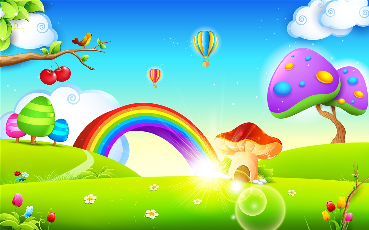 Фотошпалери фантастична галявина під яскравою веселкою