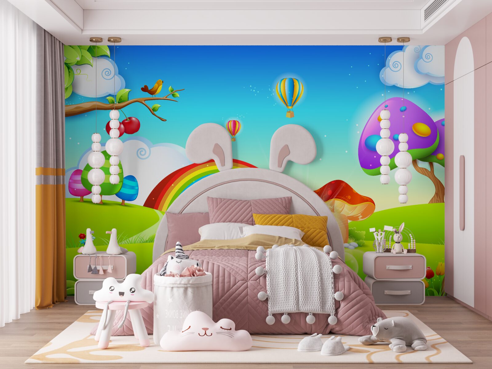 Фотошпалери фантастична галявина під яскравою веселкою