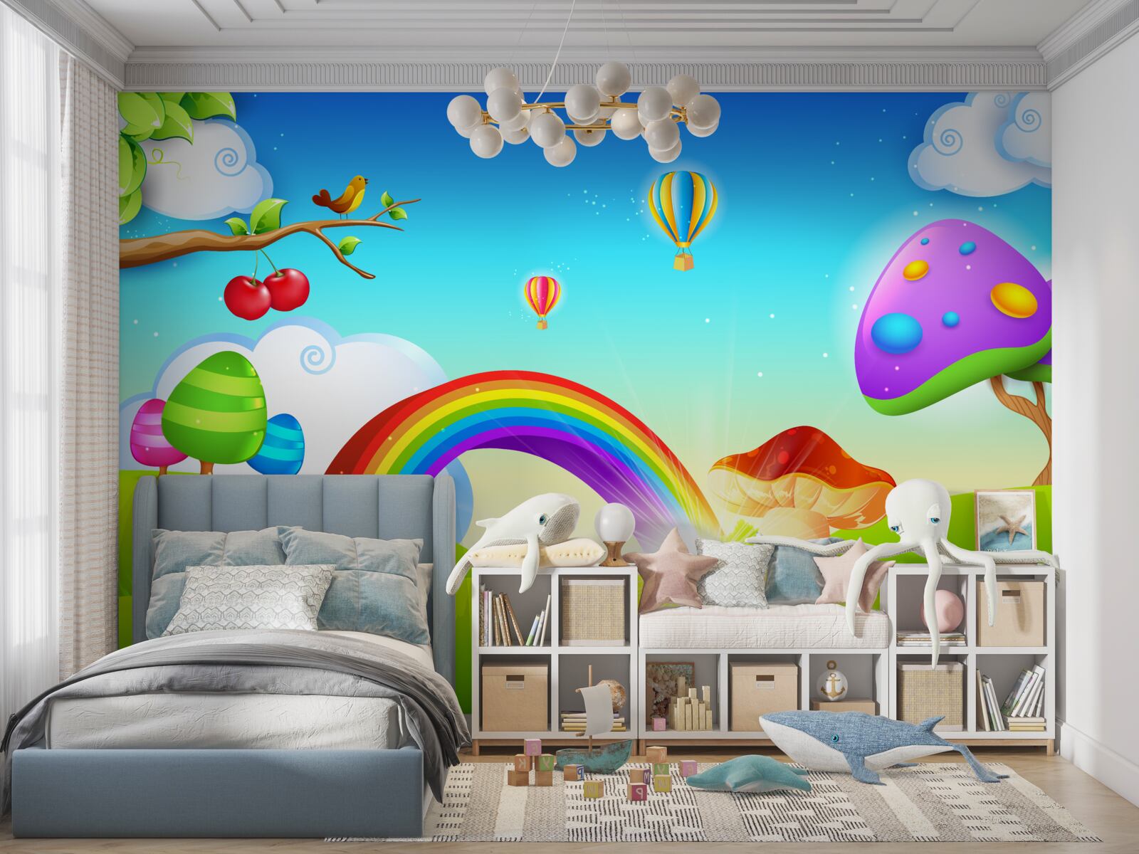 Фотошпалери фантастична галявина під яскравою веселкою