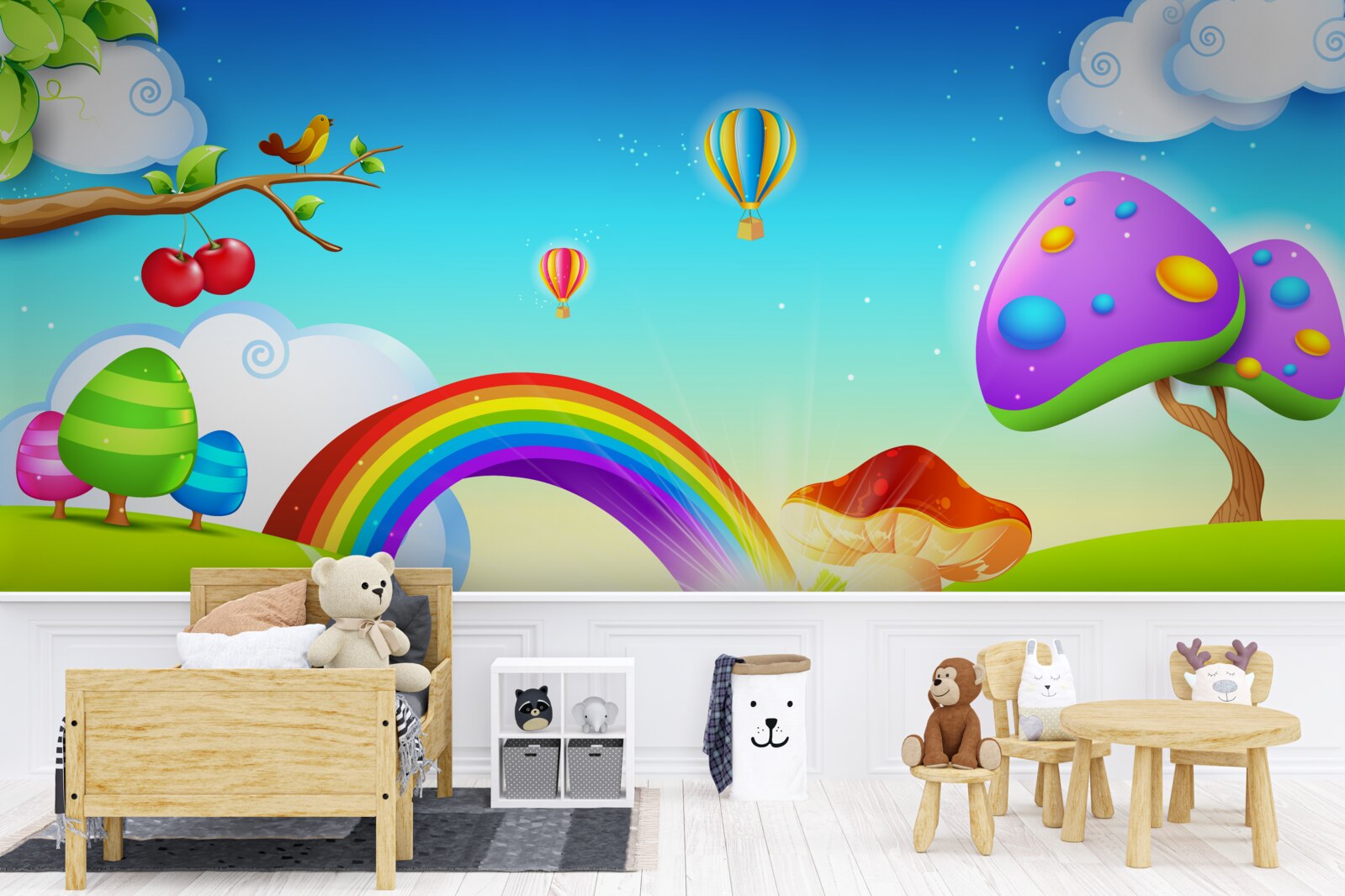 Фотошпалери фантастична галявина під яскравою веселкою