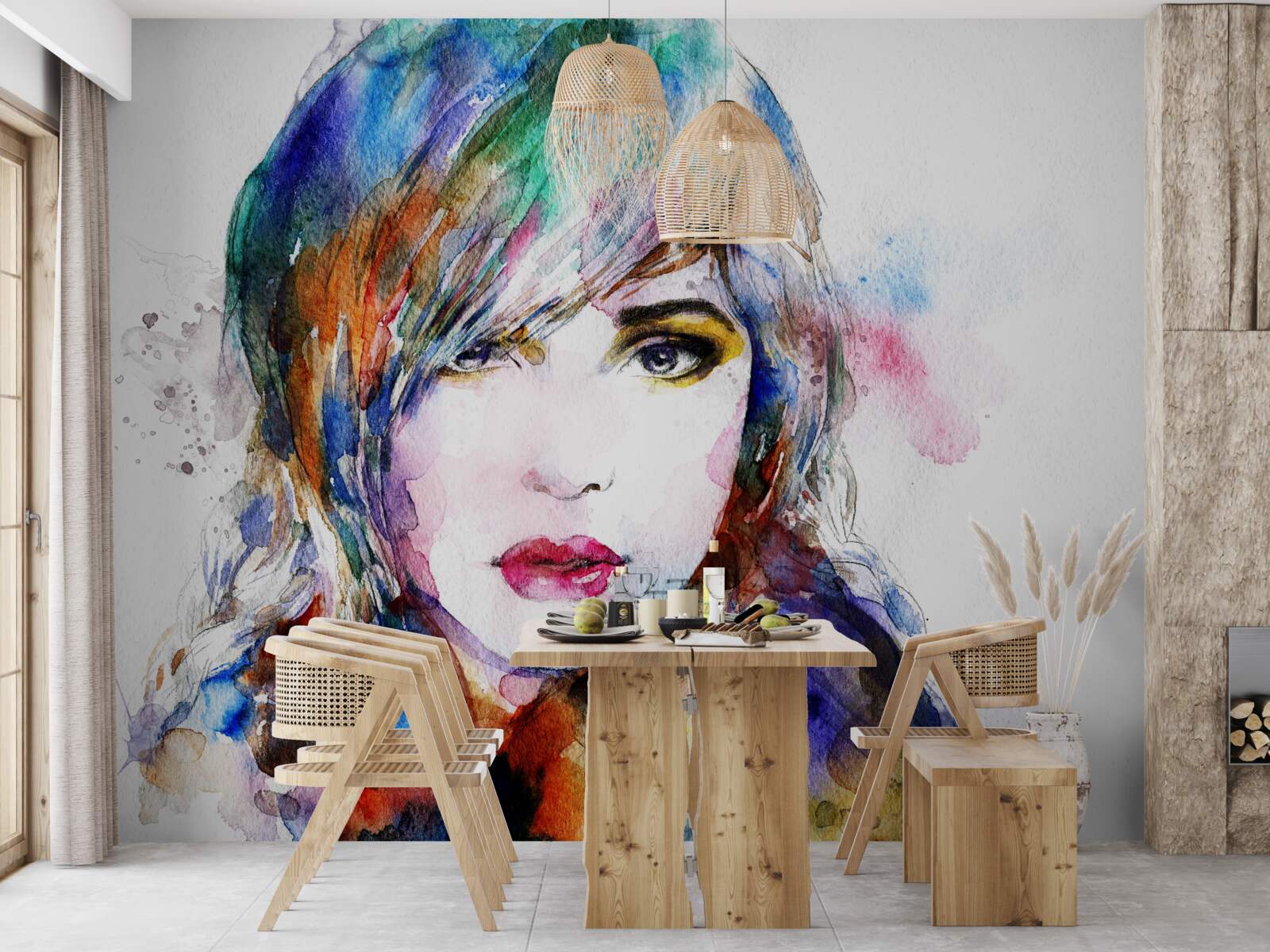 Фотошпалери зображення дівчини, виконане яскравими акварельними фарбами