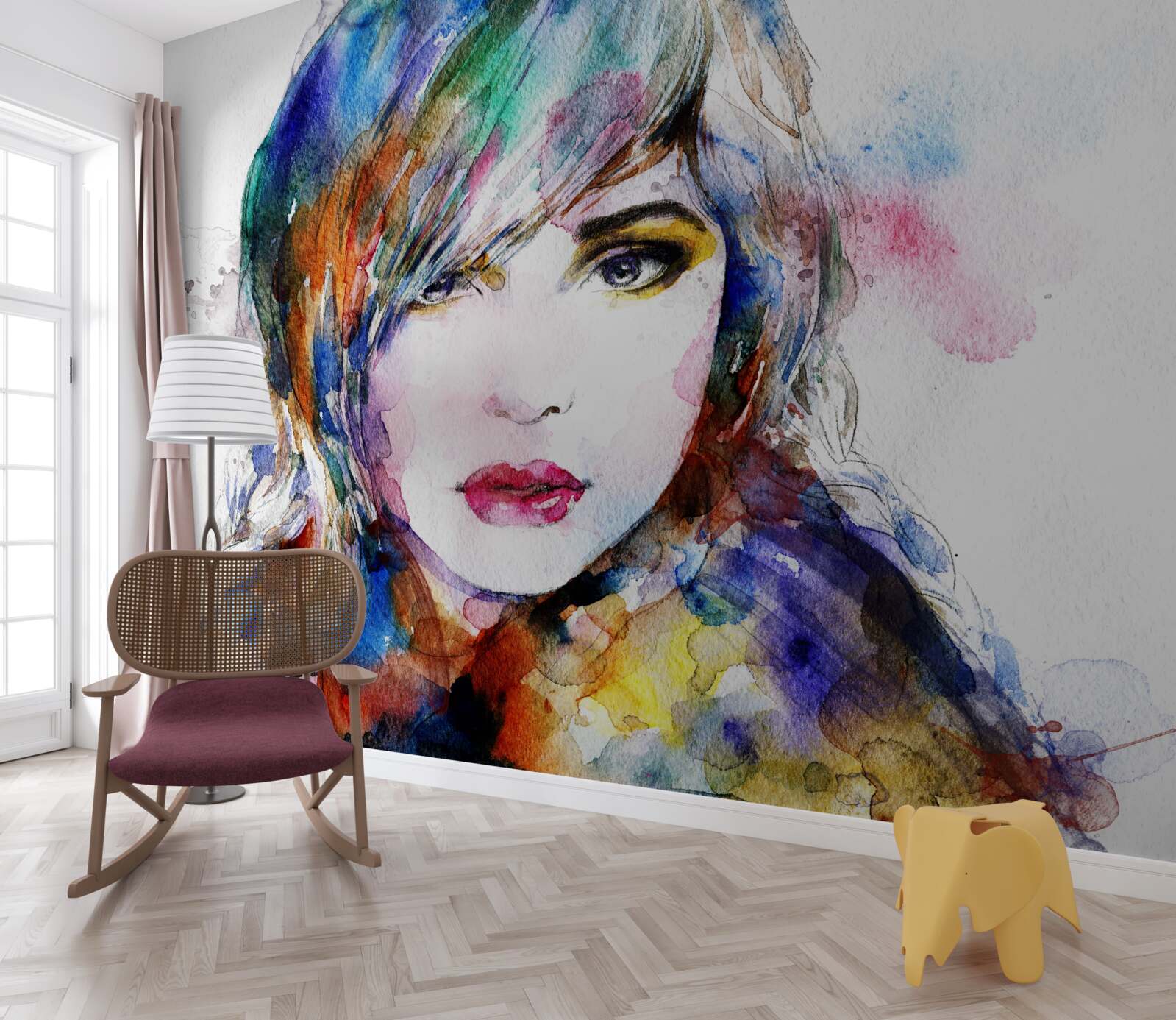 Фотошпалери зображення дівчини, виконане яскравими акварельними фарбами