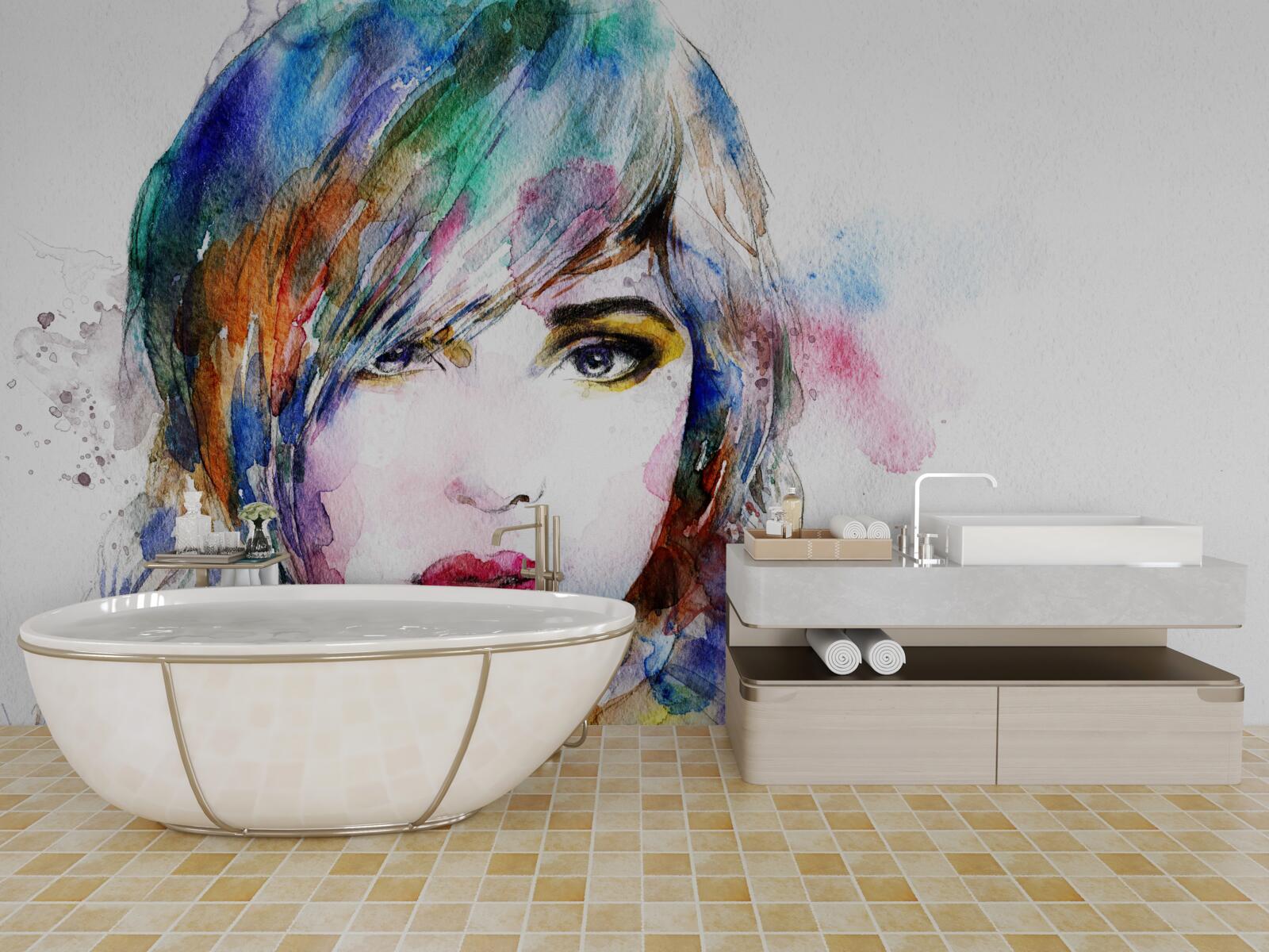 Фотошпалери зображення дівчини, виконане яскравими акварельними фарбами