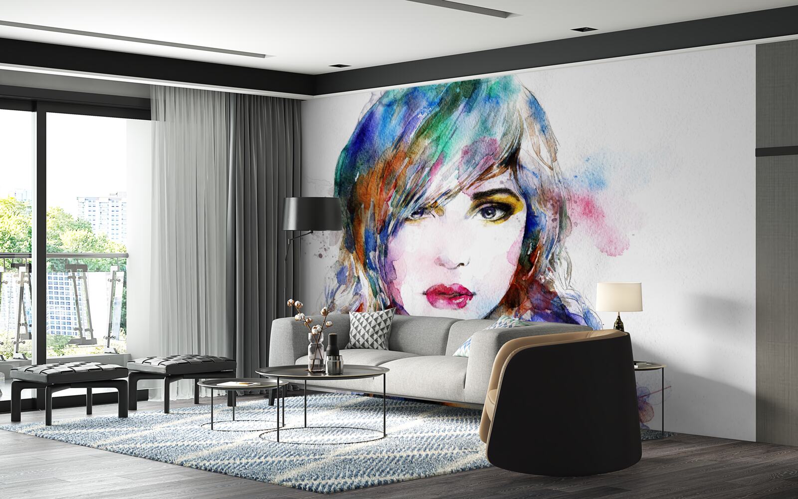 Фотошпалери зображення дівчини, виконане яскравими акварельними фарбами