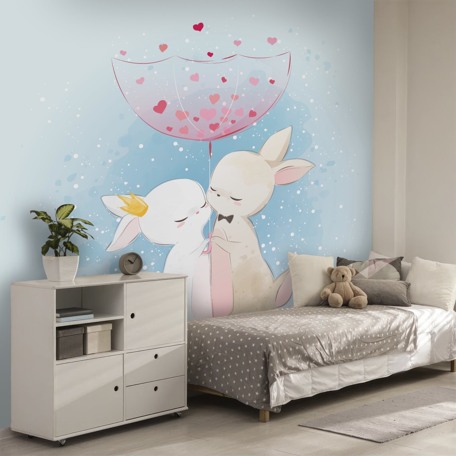 Фотошпалери закохані зайчики під парасолькою