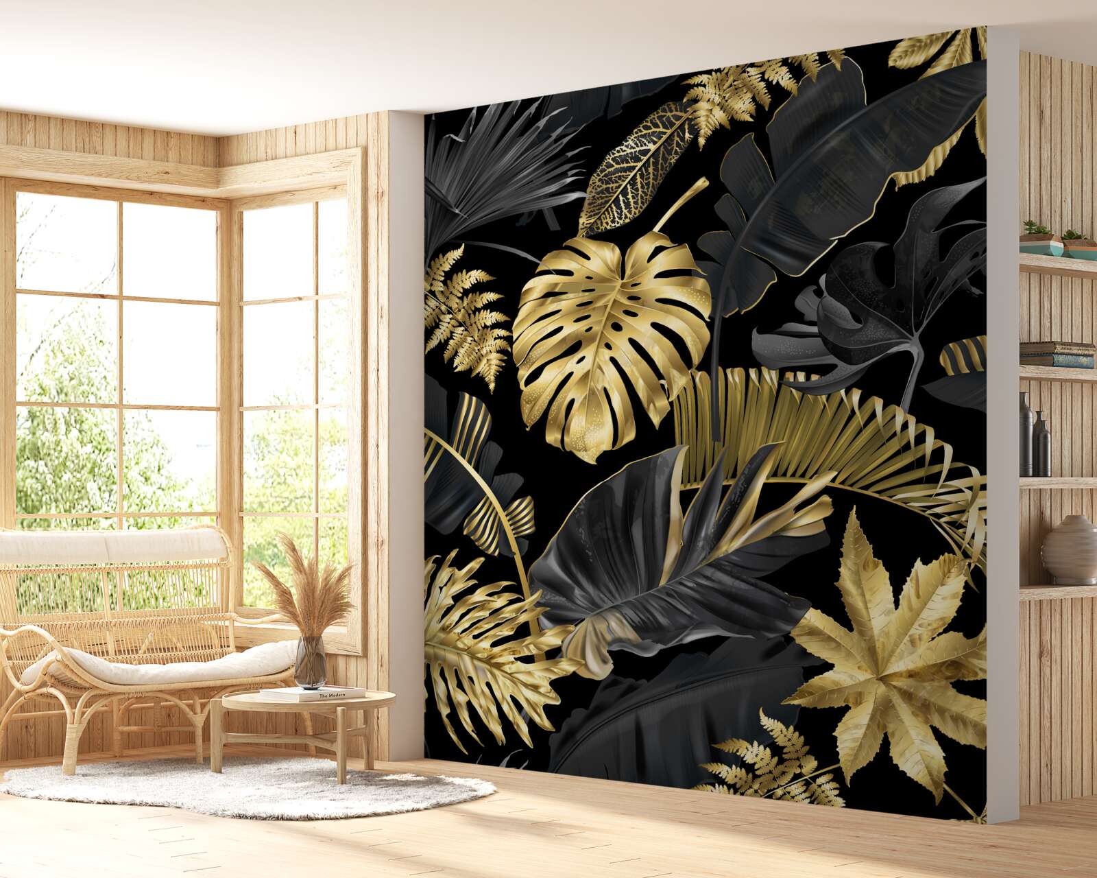 Фотошпалери тропічне листя в чорно-золотому кольорі