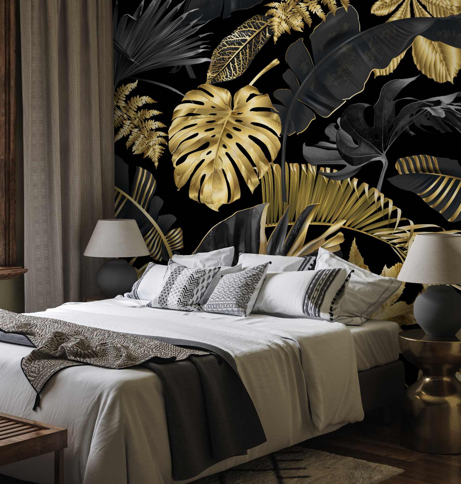 Фотошпалери тропічне листя в чорно-золотому кольорі