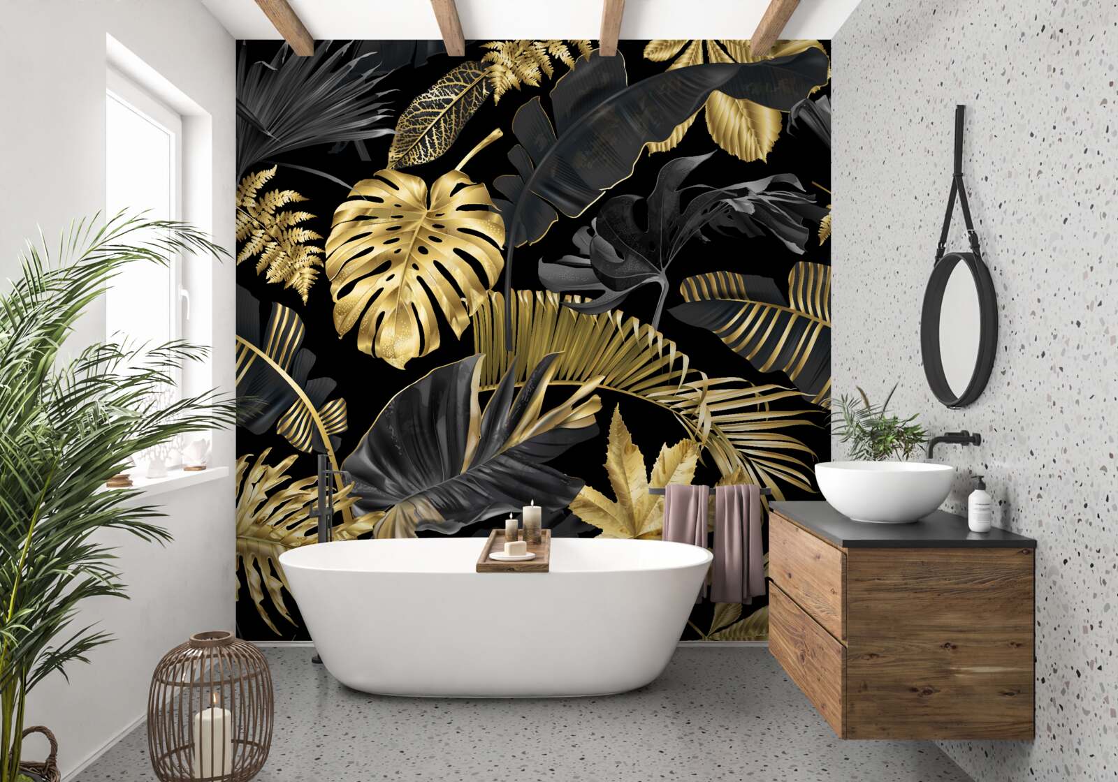Фотошпалери тропічне листя в чорно-золотому кольорі
