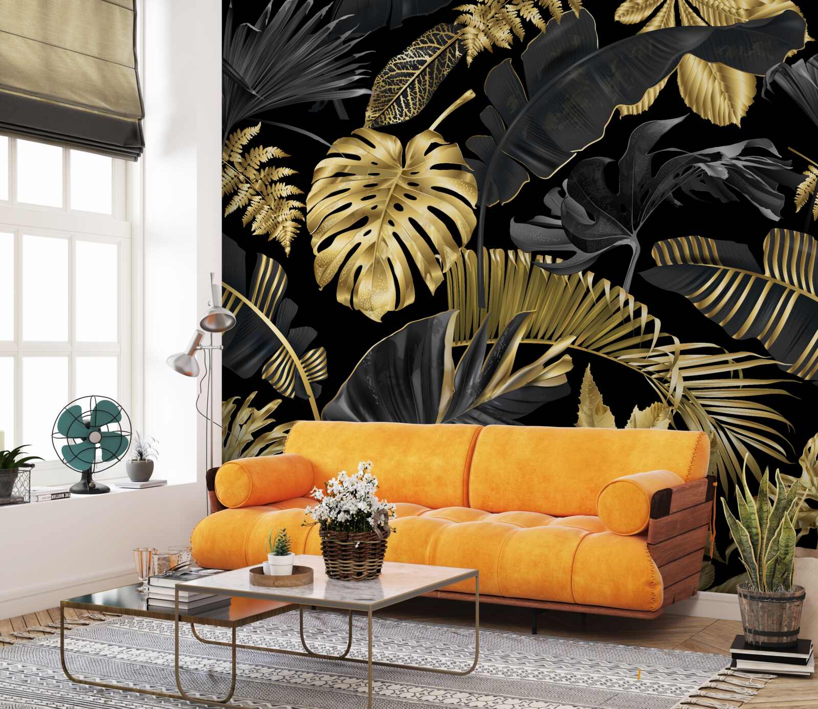 Фотошпалери тропічне листя в чорно-золотому кольорі