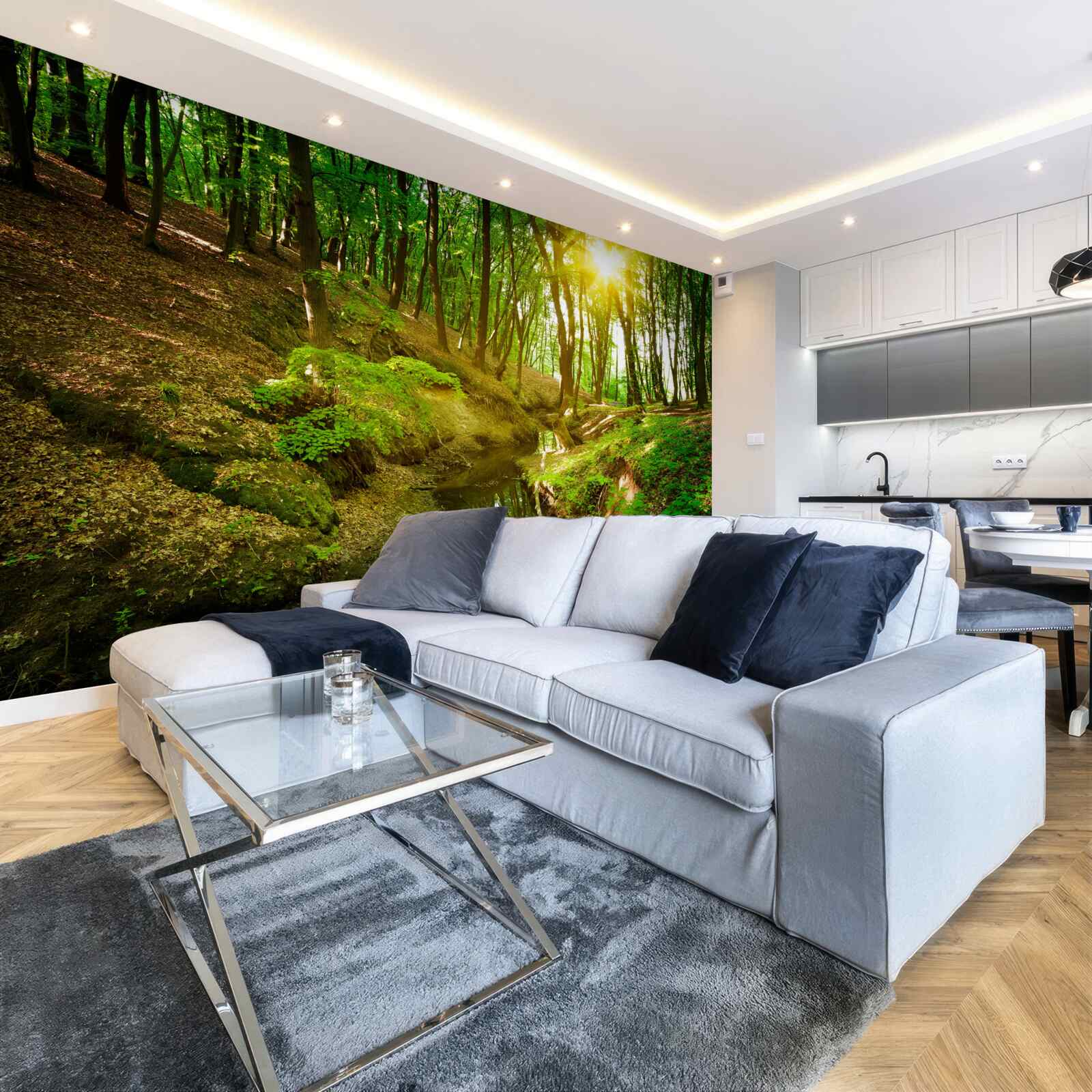 Фотошпалери ранкове сонячне світло в зеленому лісі, наповненому листям