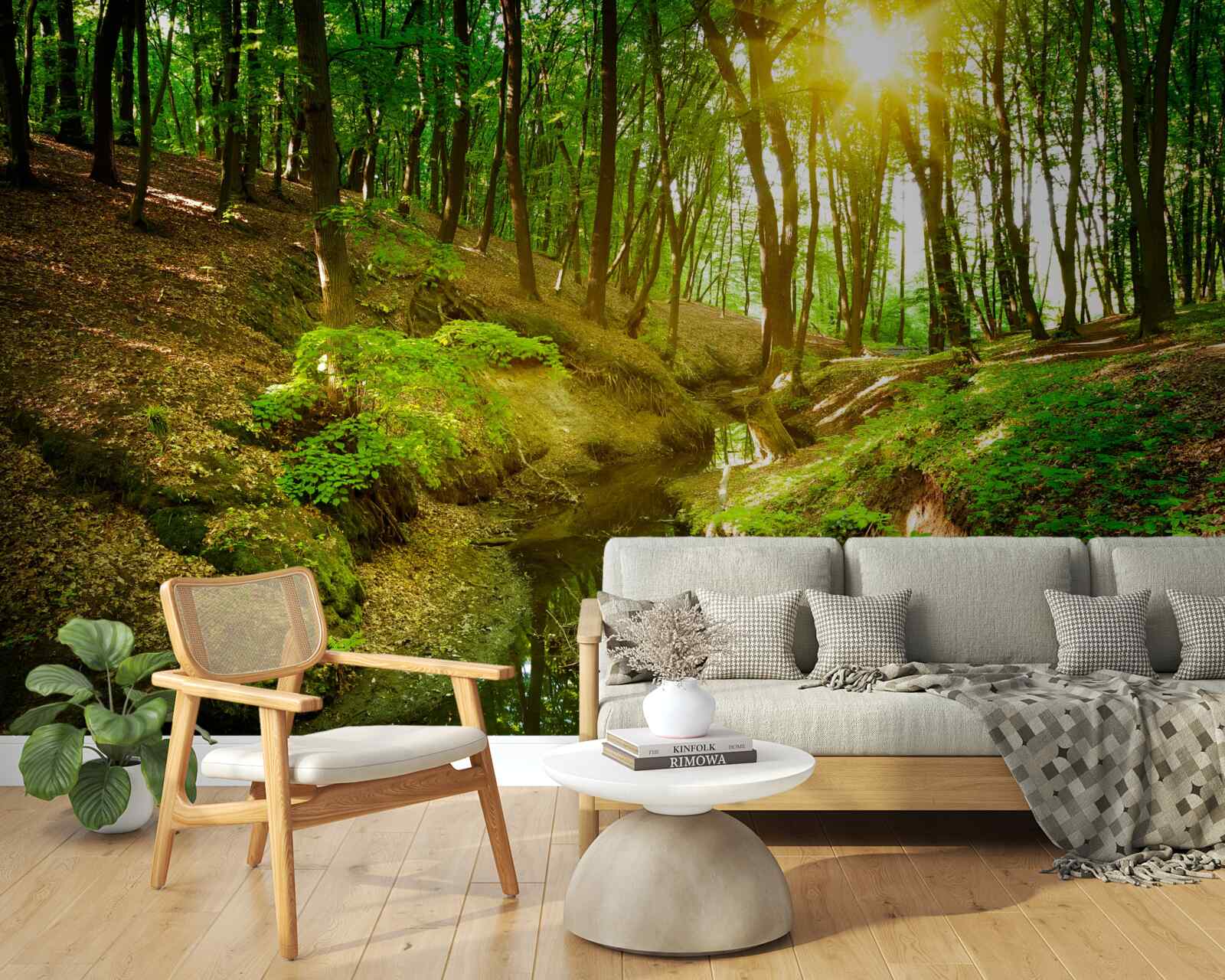 Фотошпалери ранкове сонячне світло в зеленому лісі, наповненому листям