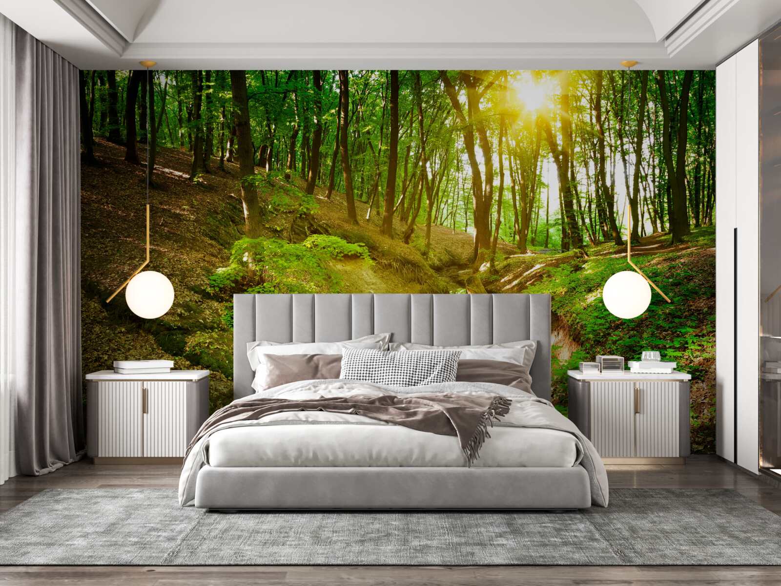 Фотошпалери ранкове сонячне світло в зеленому лісі, наповненому листям