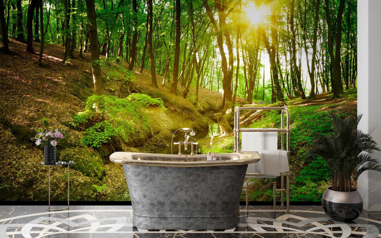 Фотошпалери ранкове сонячне світло в зеленому лісі, наповненому листям