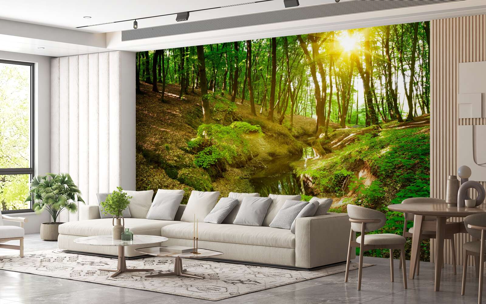 Фотошпалери ранкове сонячне світло в зеленому лісі, наповненому листям