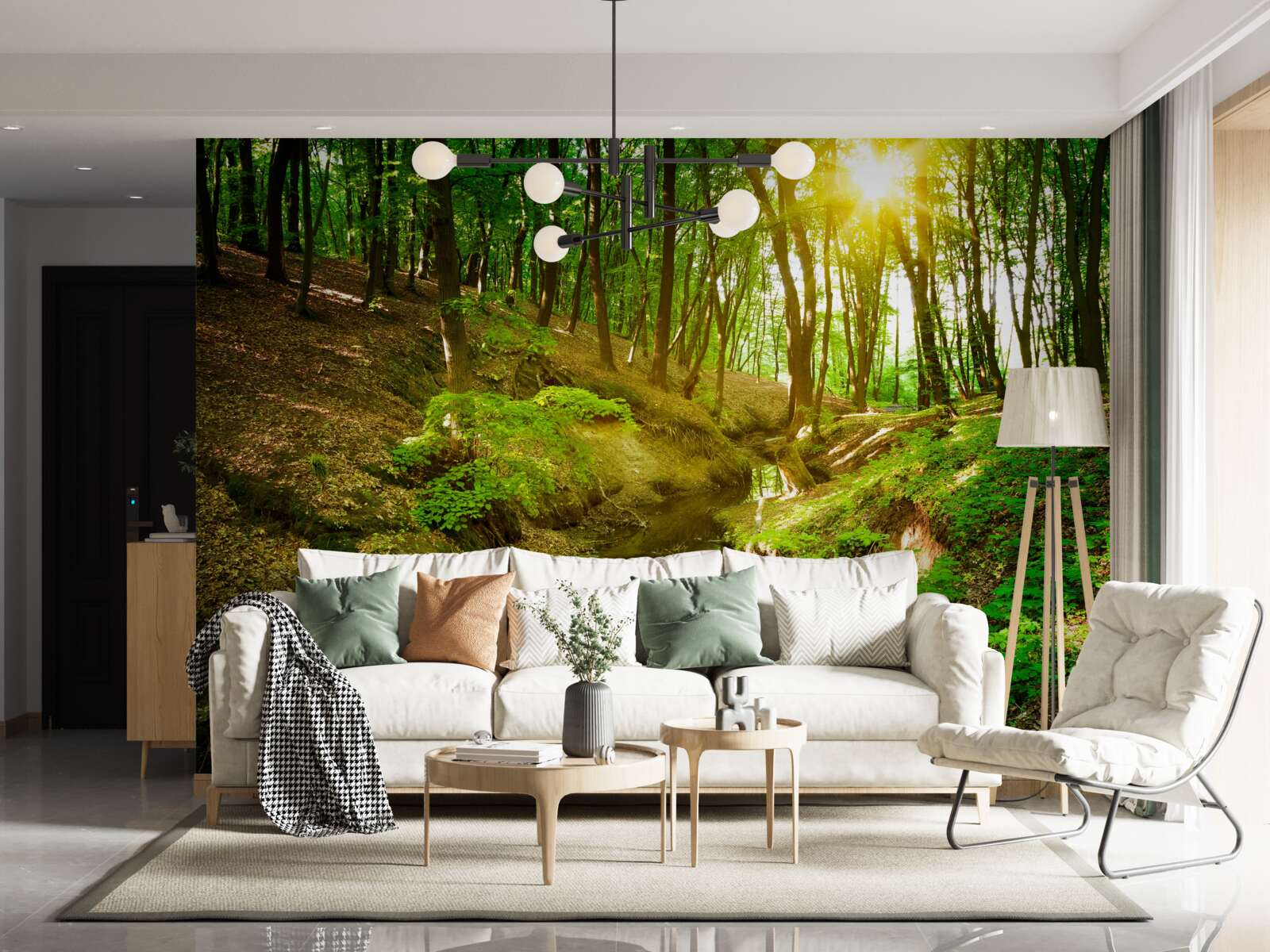 Фотошпалери ранкове сонячне світло в зеленому лісі, наповненому листям