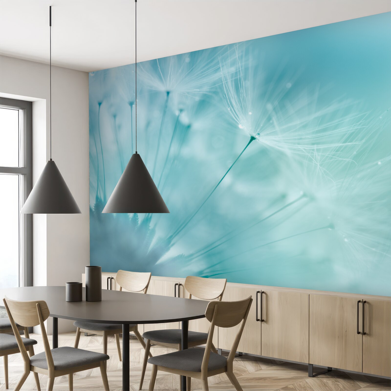 Фотошпалери кульбаба з квітами на тлі блакитного неба