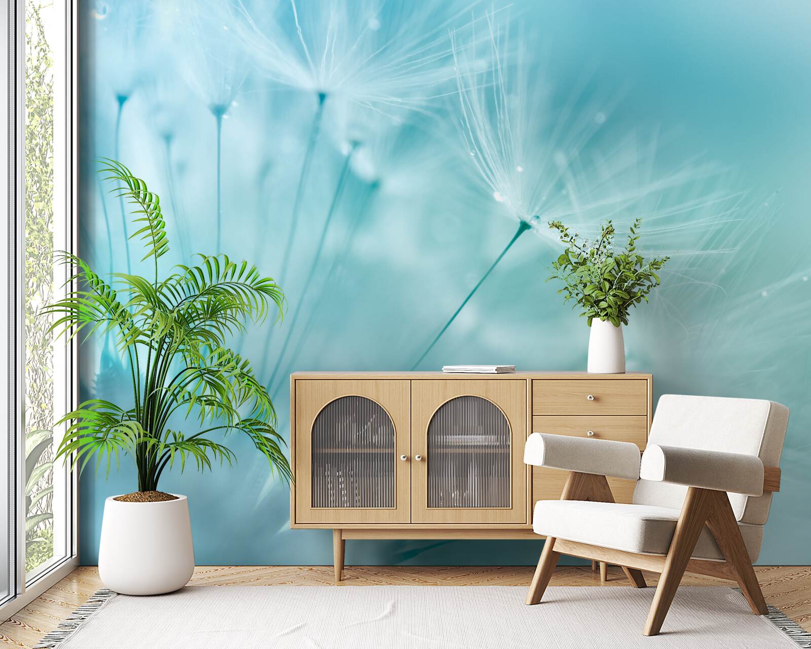 Фотошпалери кульбаба з квітами на тлі блакитного неба