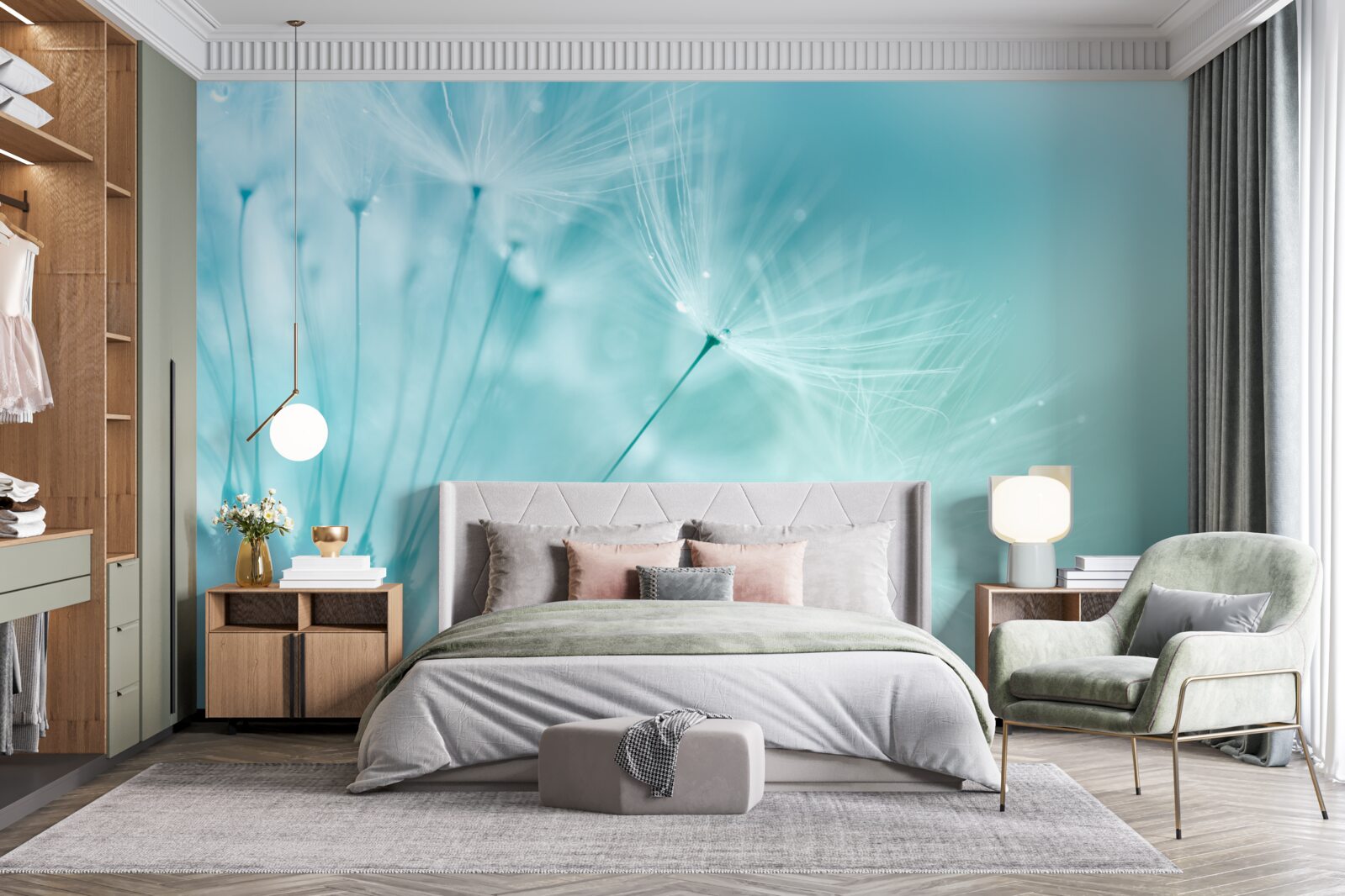 Фотошпалери кульбаба з квітами на тлі блакитного неба