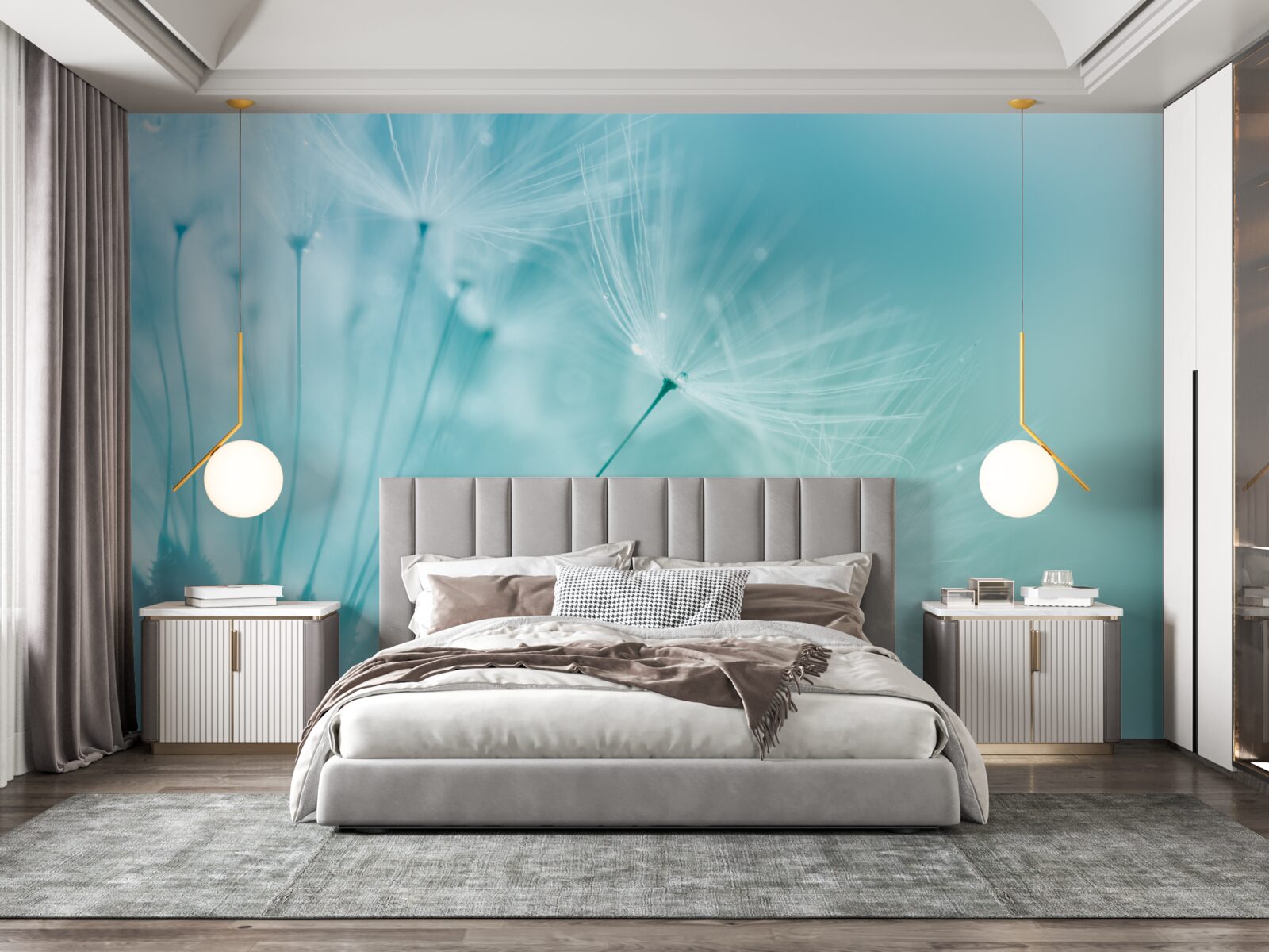 Фотошпалери кульбаба з квітами на тлі блакитного неба