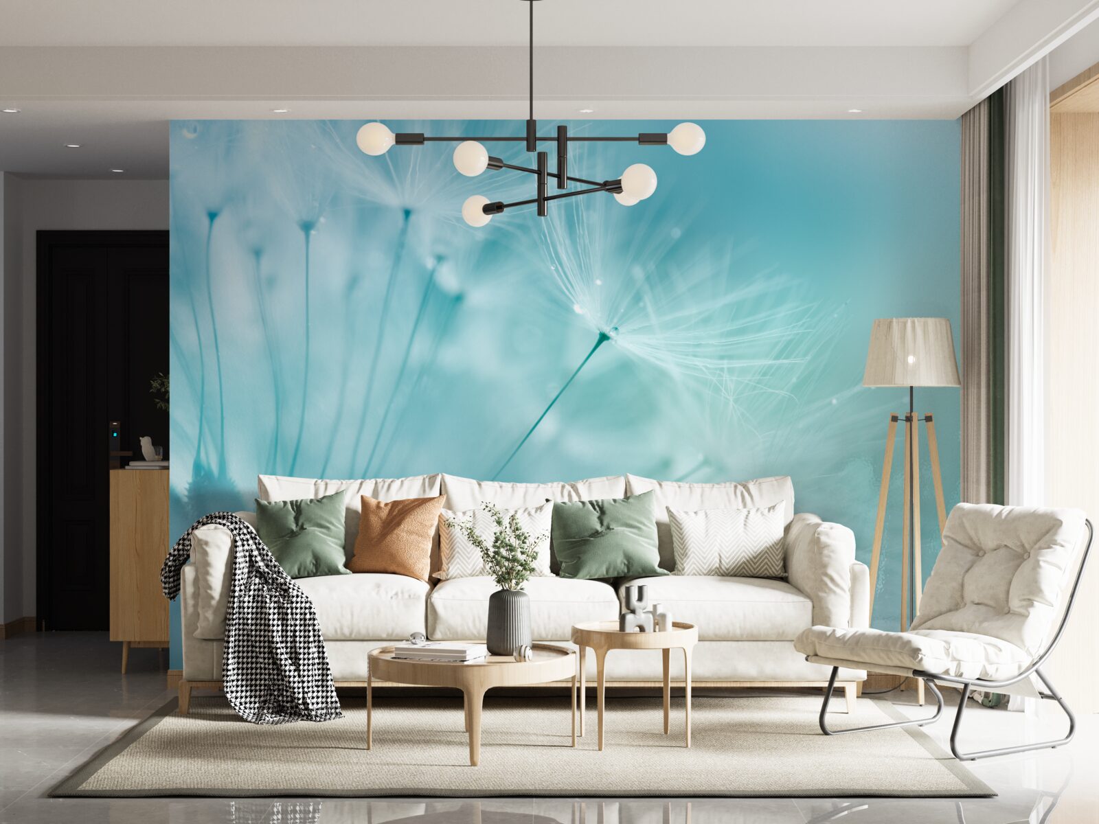 Фотошпалери кульбаба з квітами на тлі блакитного неба