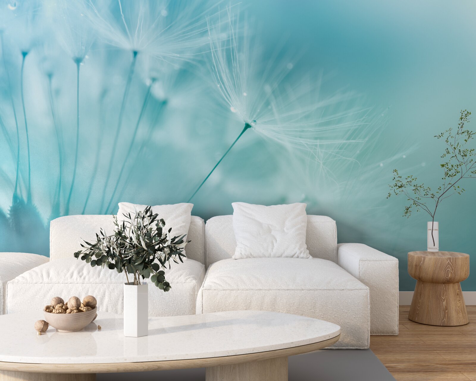 Фотошпалери кульбаба з квітами на тлі блакитного неба