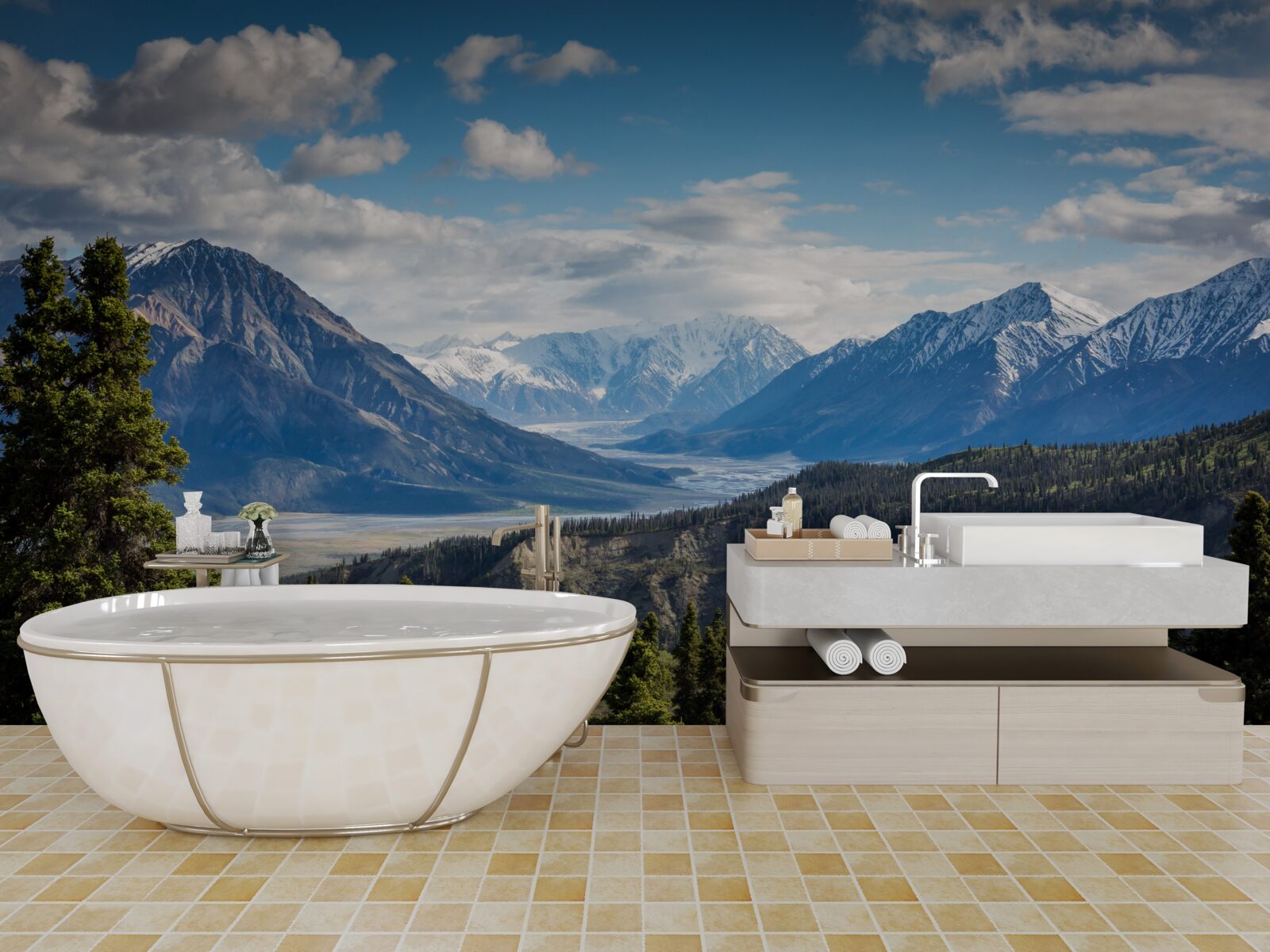 Фотошпалери гілка гір, увінчана деревами на узліссі