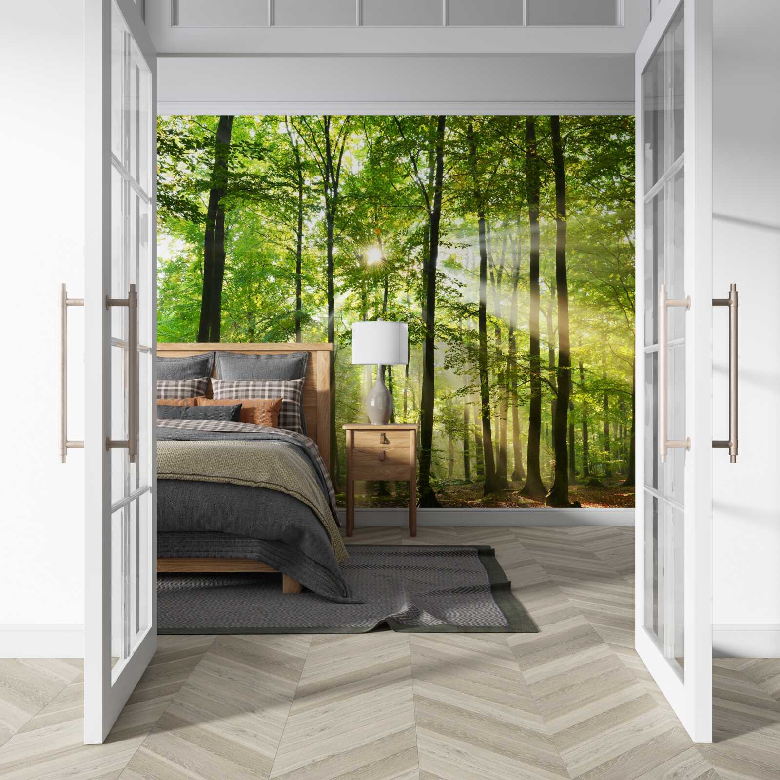 Фотошпалери сонячні промені пробиваються крізь охайний зелений ліс