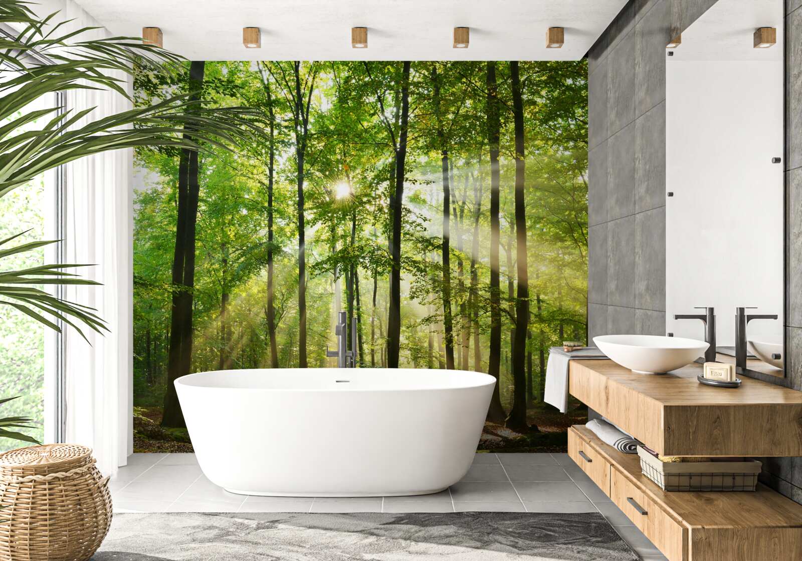 Фотошпалери сонячні промені пробиваються крізь охайний зелений ліс