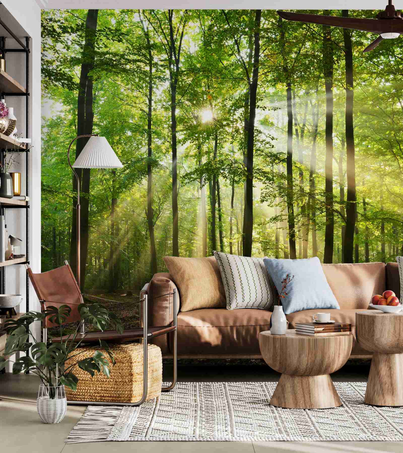 Фотошпалери сонячні промені пробиваються крізь охайний зелений ліс