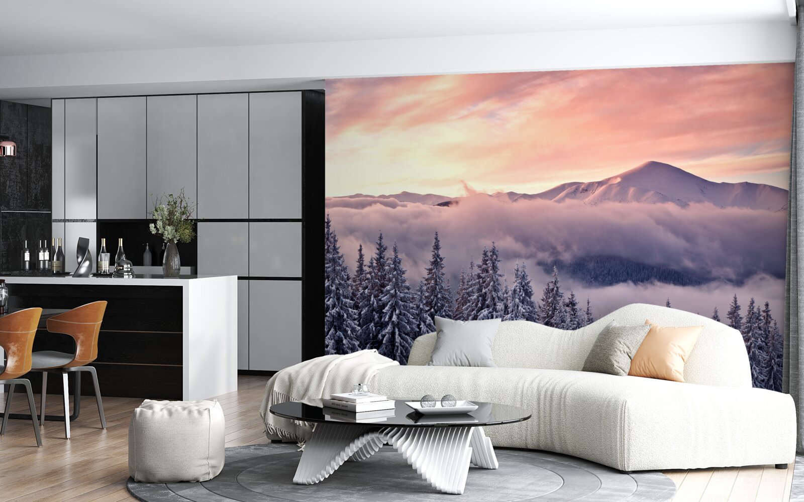 Фотошпалери захід сонця, оповитий туманом у горах, забарвлює простір у прохолодні рожеві тони