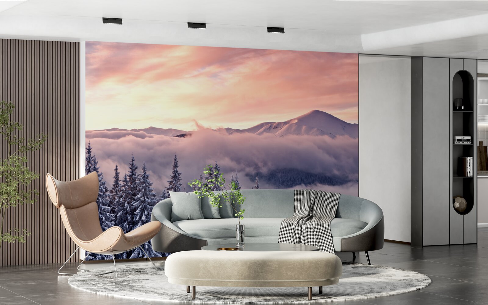 Фотошпалери захід сонця, оповитий туманом у горах, забарвлює простір у прохолодні рожеві тони