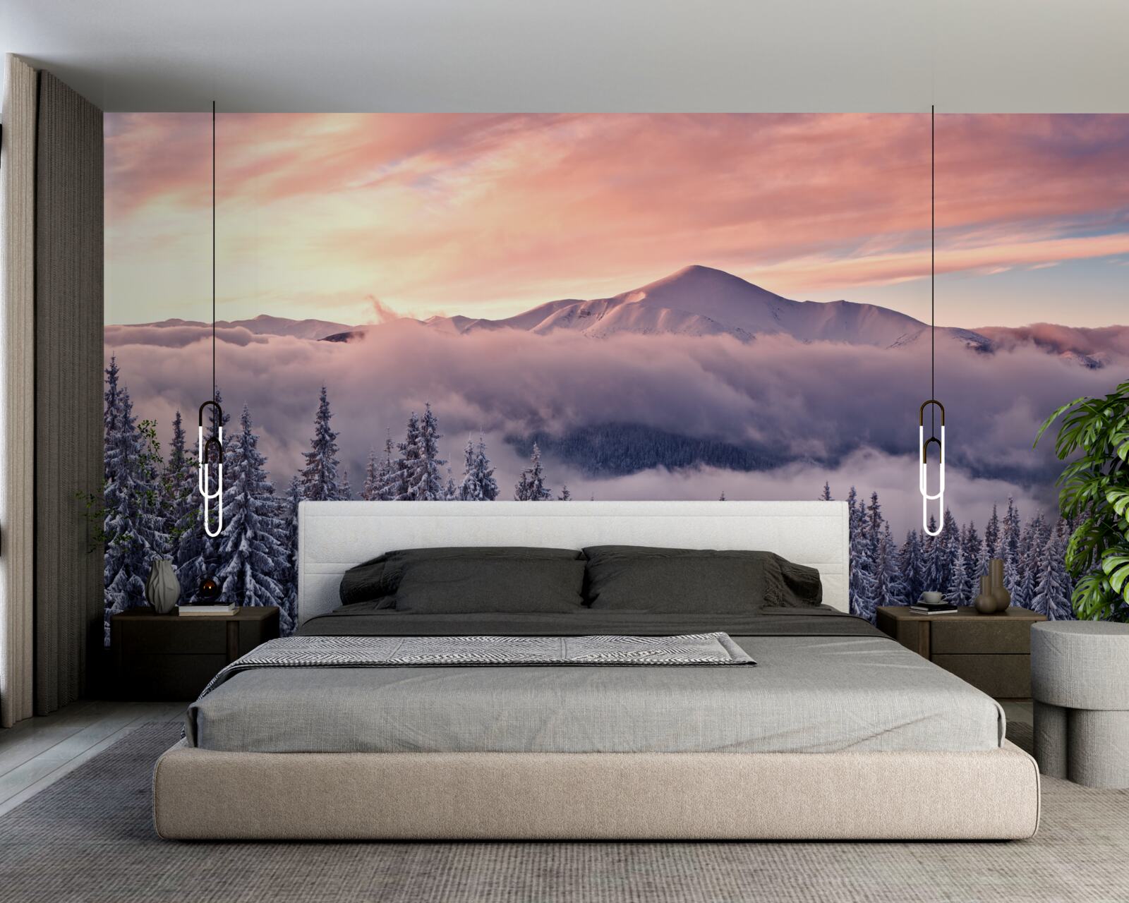 Фотошпалери захід сонця, оповитий туманом у горах, забарвлює простір у прохолодні рожеві тони