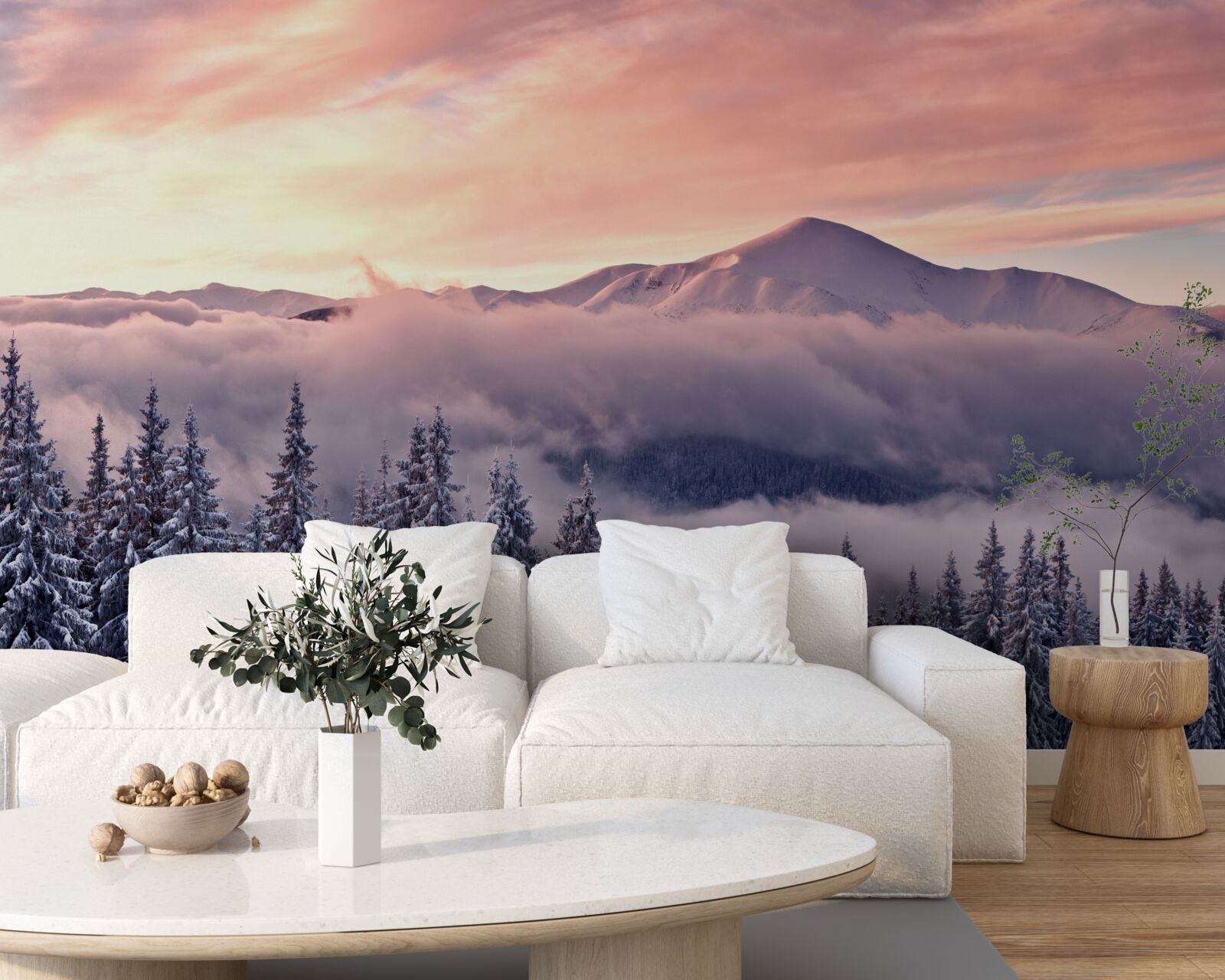 Фотошпалери захід сонця, оповитий туманом у горах, забарвлює простір у прохолодні рожеві тони