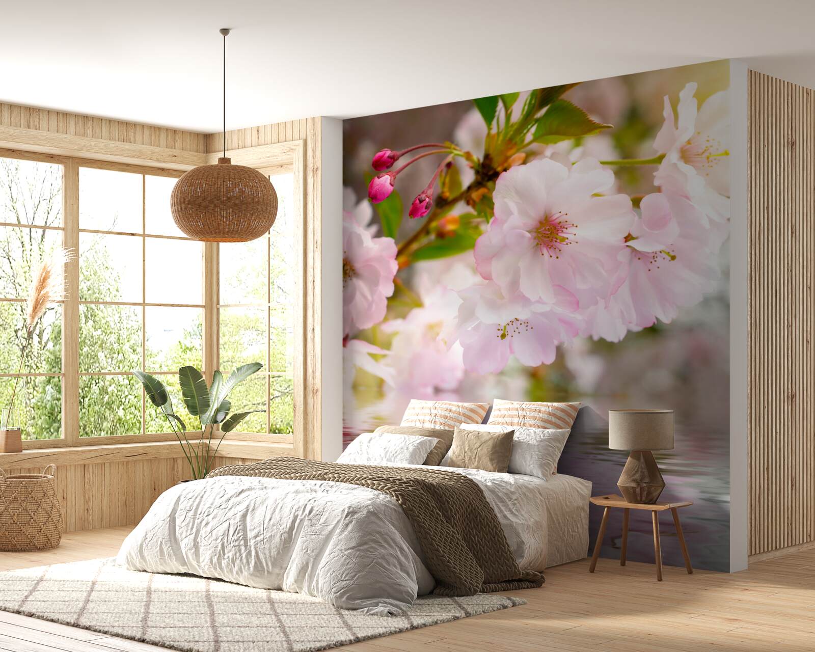 Фотошпалери гілки вишні з рожевим цвітом нависають над водою