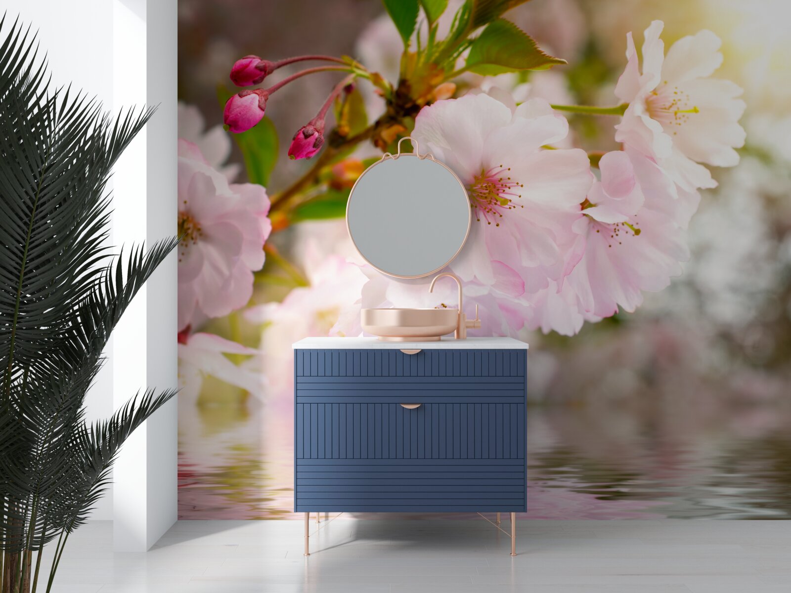 Фотошпалери гілки вишні з рожевим цвітом нависають над водою