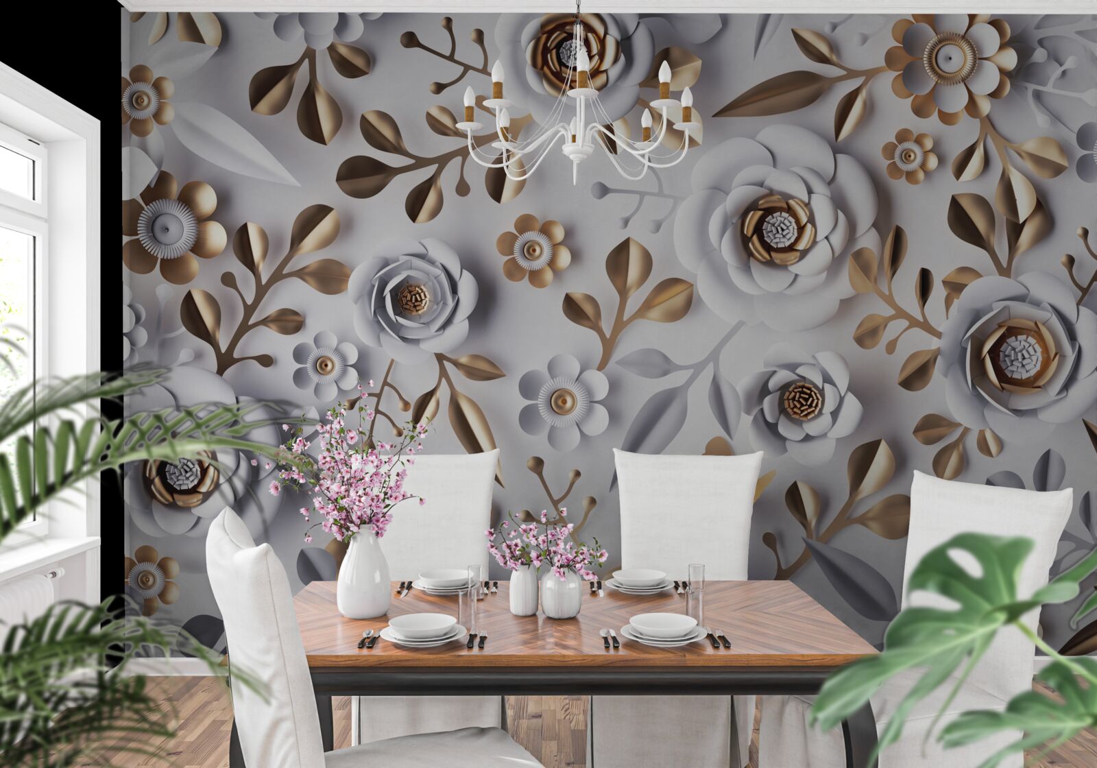 Фотошпалери золоте листя та білі квіти