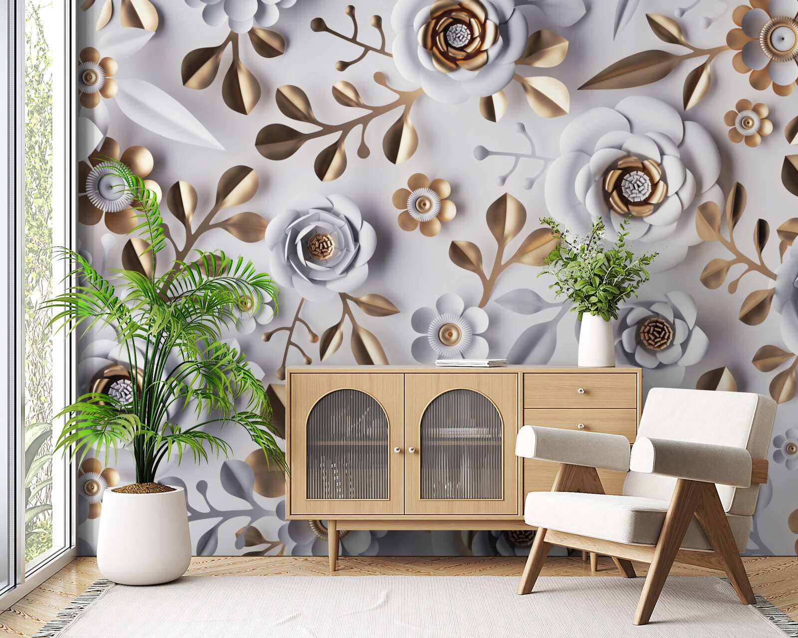 Фотошпалери золоте листя та білі квіти