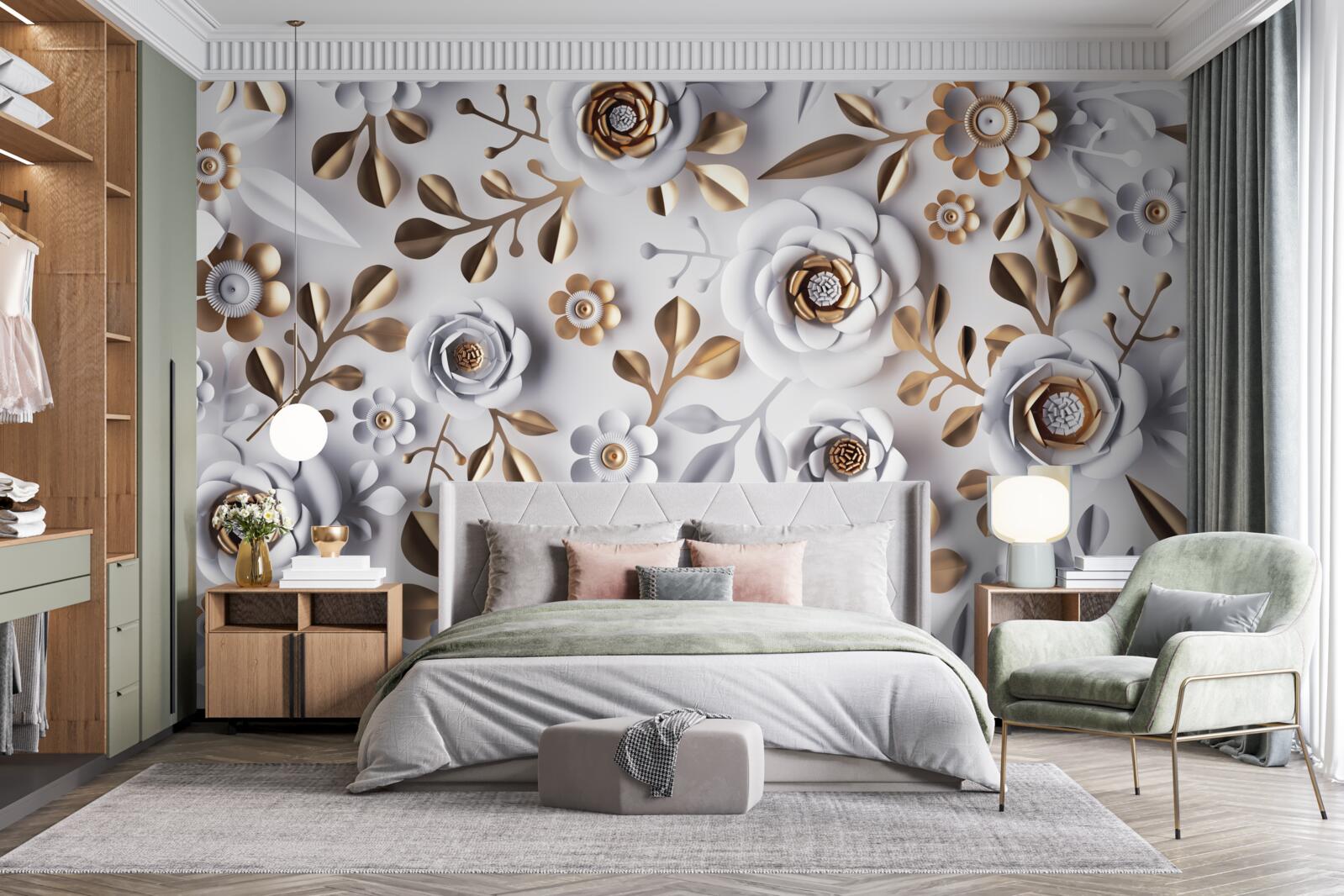 Фотошпалери золоте листя та білі квіти