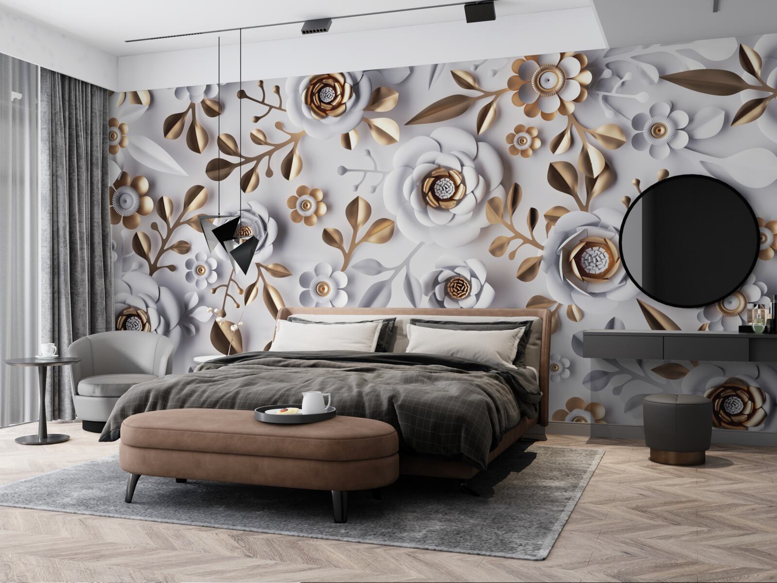 Фотошпалери золоте листя та білі квіти