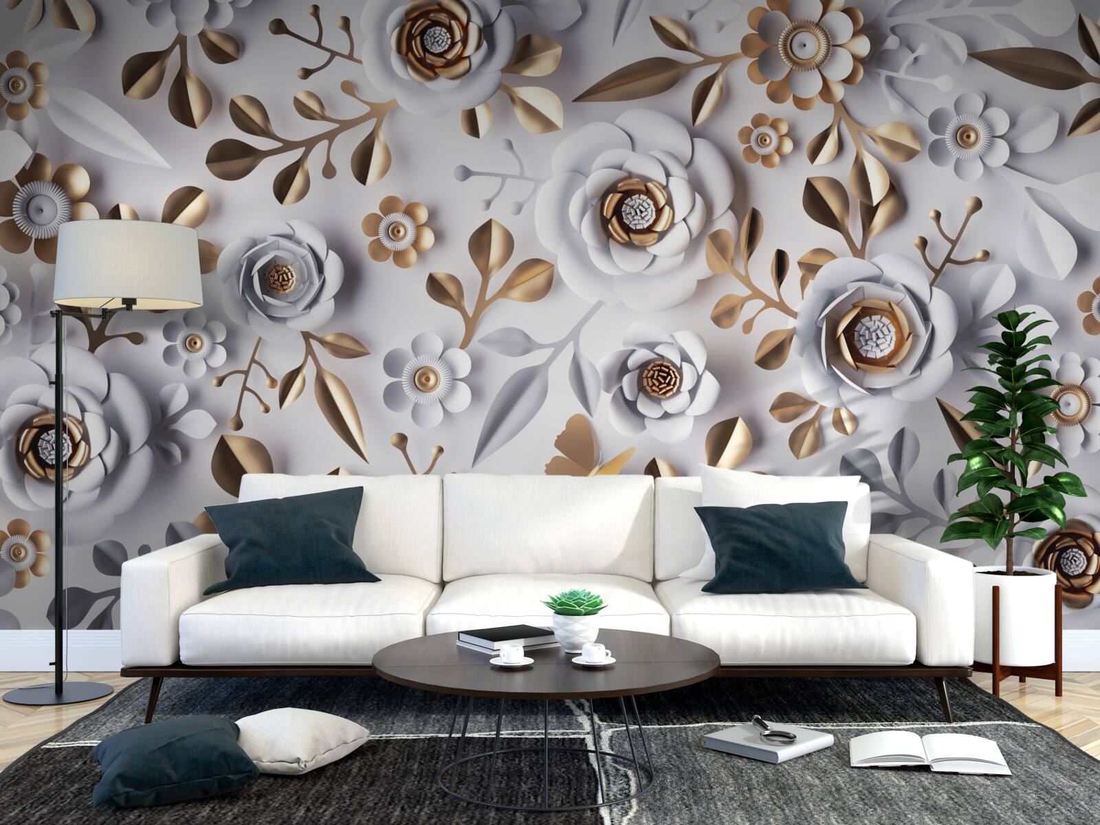 Фотошпалери золоте листя та білі квіти