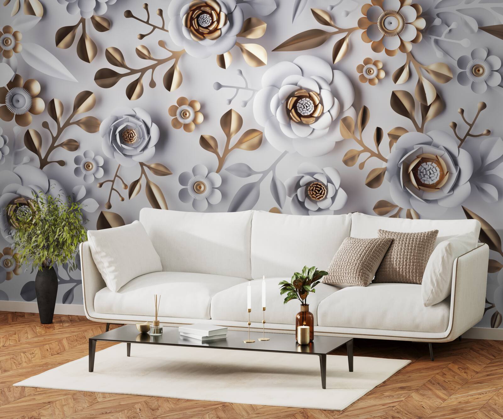 Фотошпалери золоте листя та білі квіти